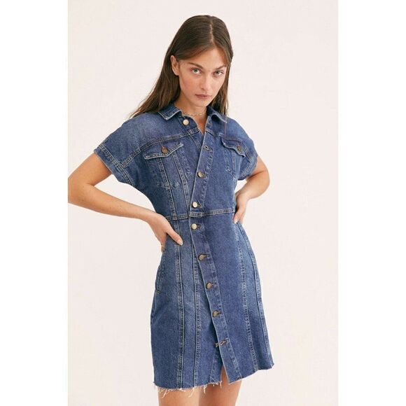 FREE PEOPLE XS DENIM CITY ASYMMETRICAL BUTTON RAW HEM MINI SHIRT DRESS BLUE - Picture 2 of 11